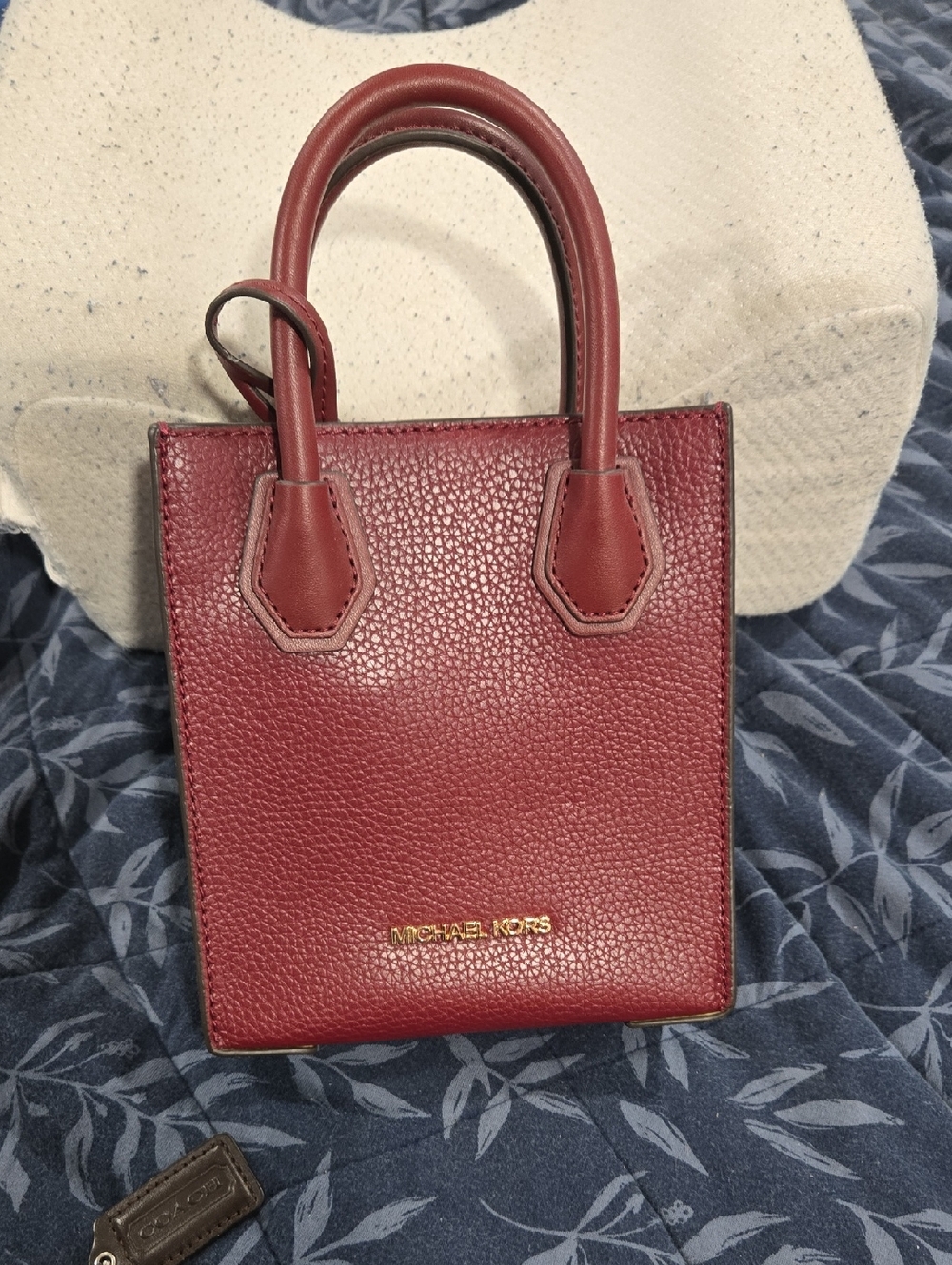 Michael Kors Mini Pebbled Leather Tote in Burgundy with Gold Hardware